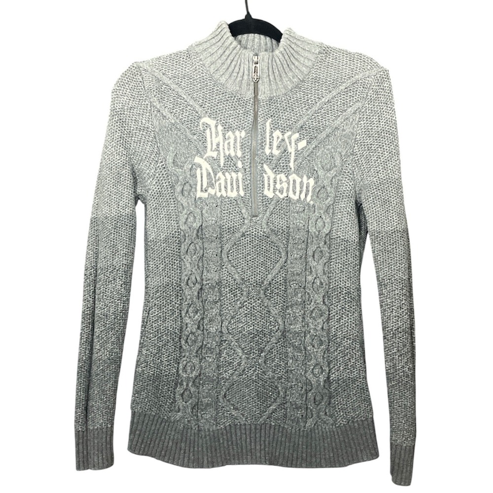 Harley Davidson Sweater Large Grey Ombre Quarter Zip Cable Knit 2015 Biker Moto